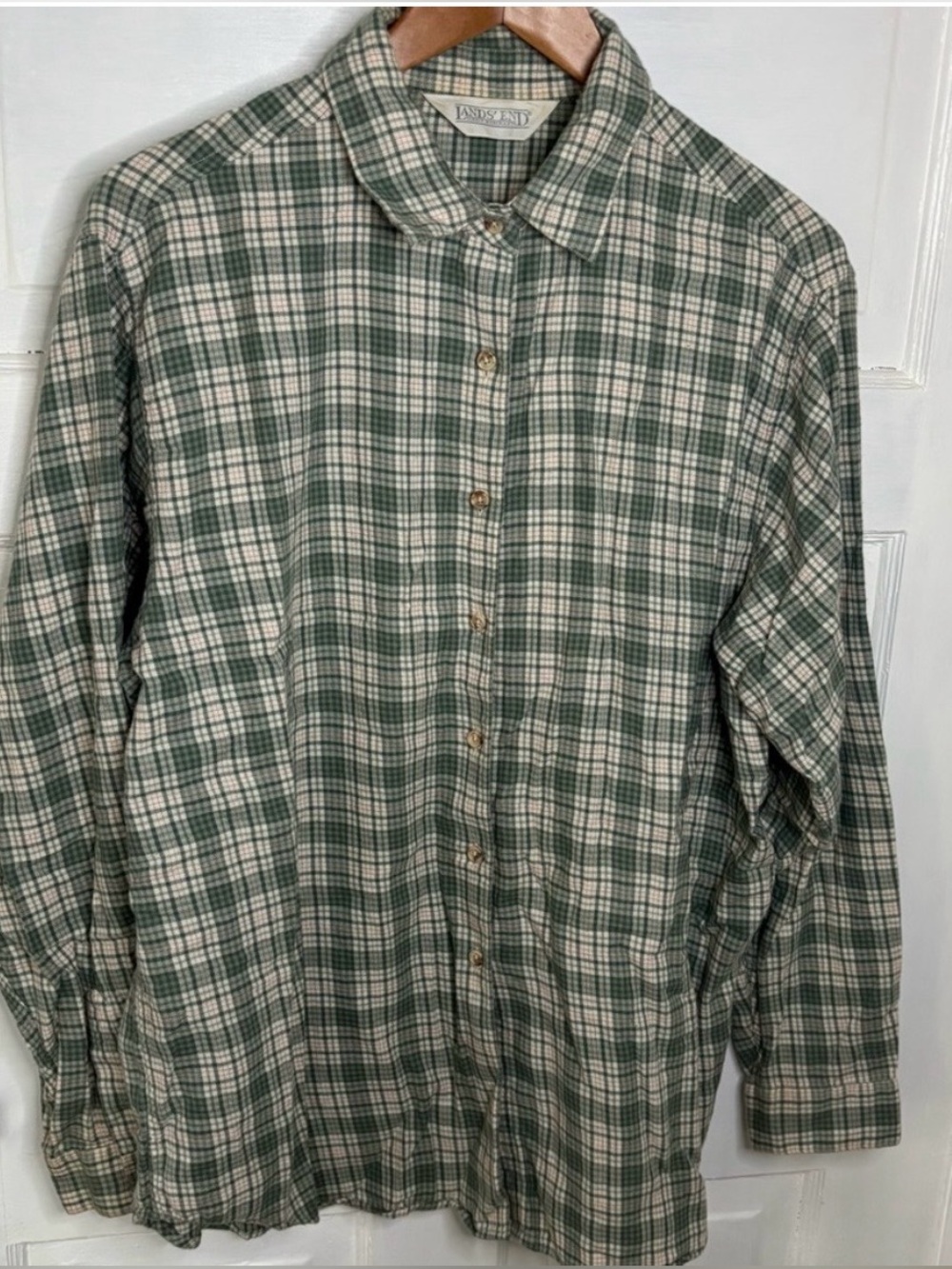 Lands' End Green and White Plaid Button-Down Shirt
